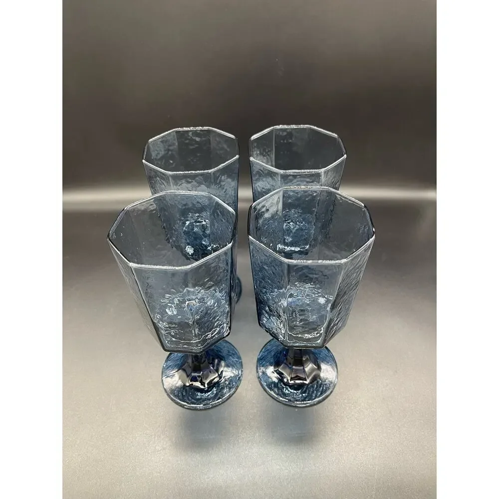 Vintage Libbey Facets Cobalt Blue Textured Set of 4 Water Goblets Octagon 6.75